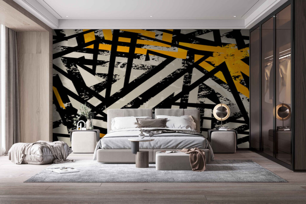 Linhas pretas com amarelo num interior