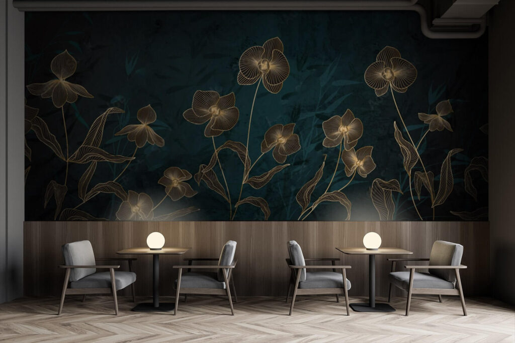 Flores douradas em azul-petróleo — interior 3