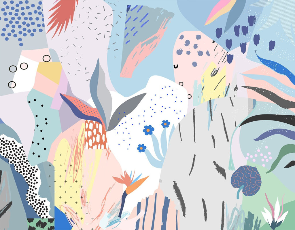 Formas pastel e folhas — design completo