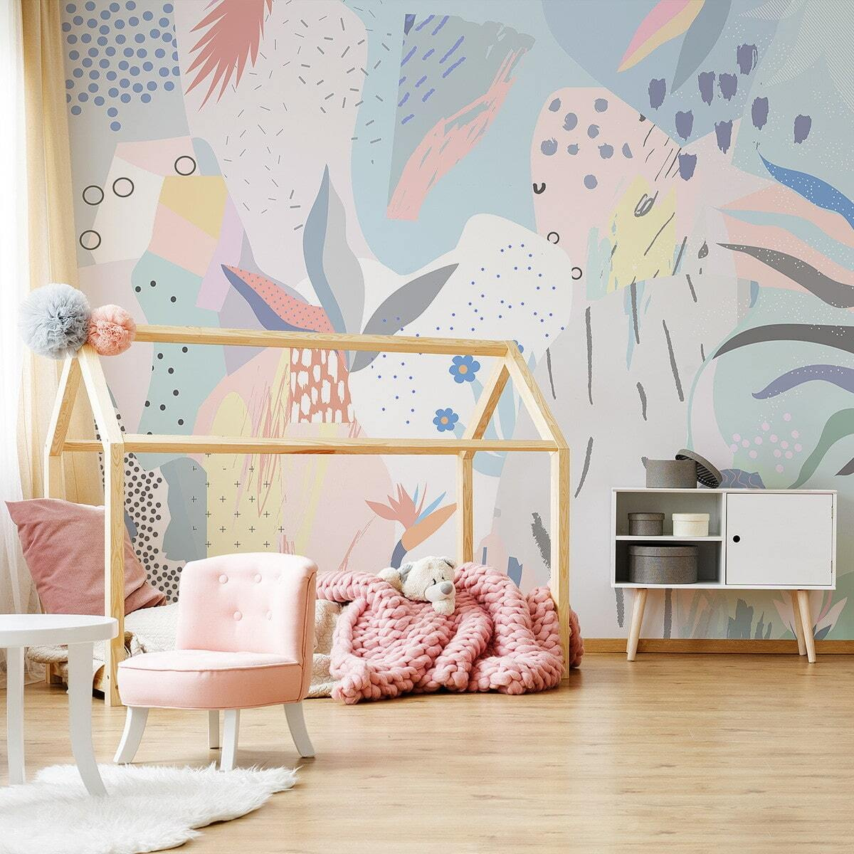 Formas pastel e folhas num interior