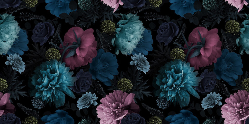 Flores azuis em preto — design completo