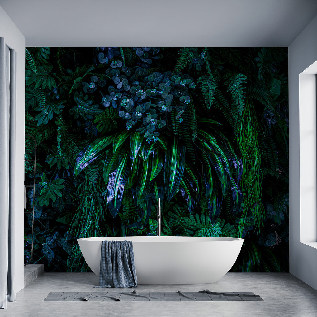 Flores azuis entre folhagem — interior 5