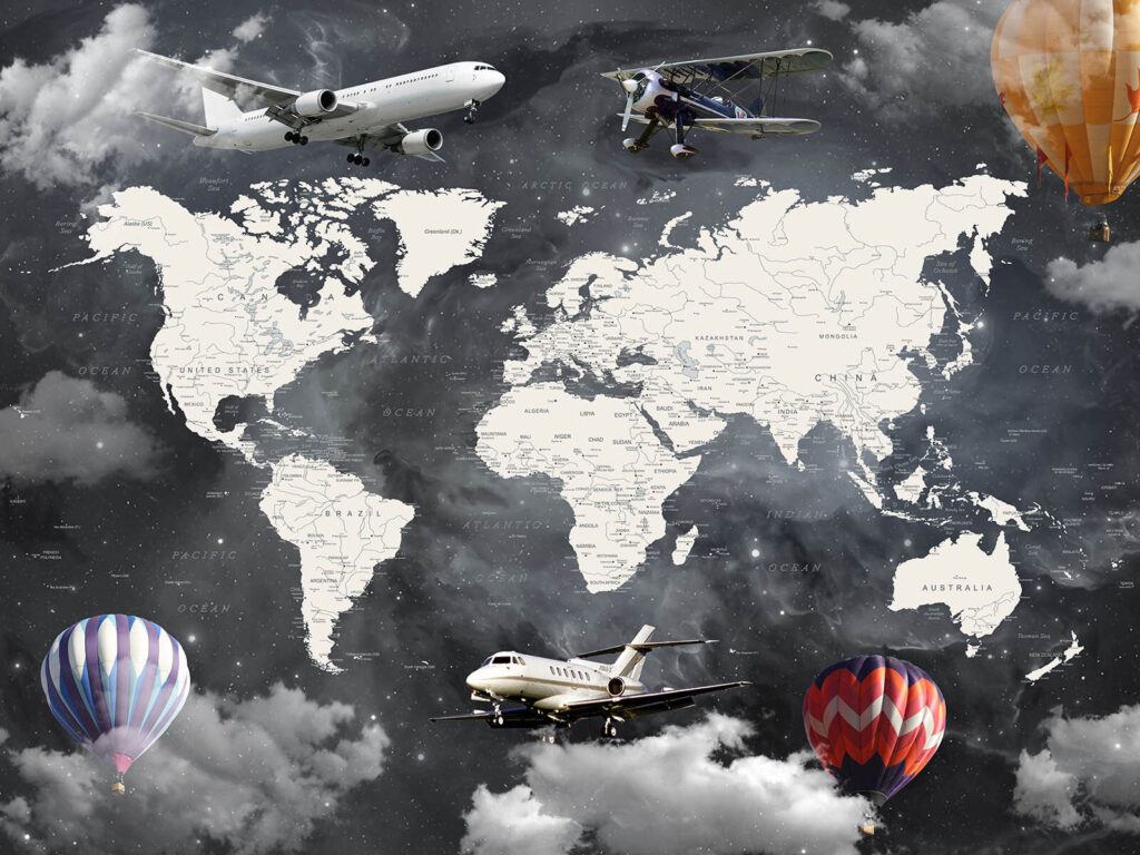Mapa-mundo com aviões — design completo
