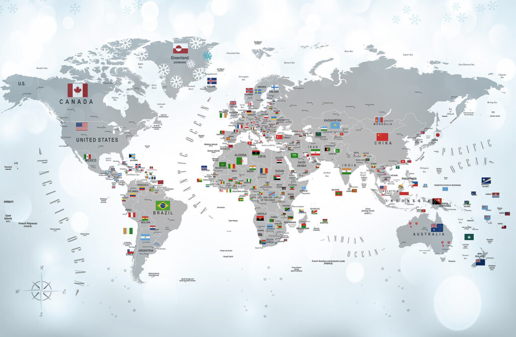 Mapa-mundo cheio de bandeirinhas — design completo