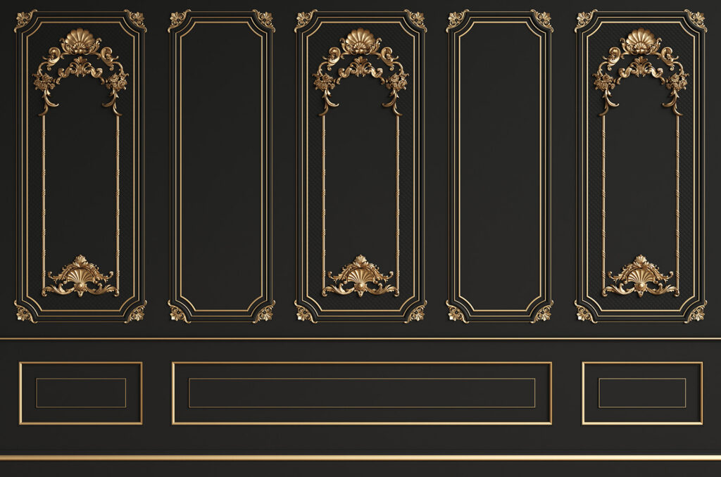 Molduras douradas sobre preto — design completo