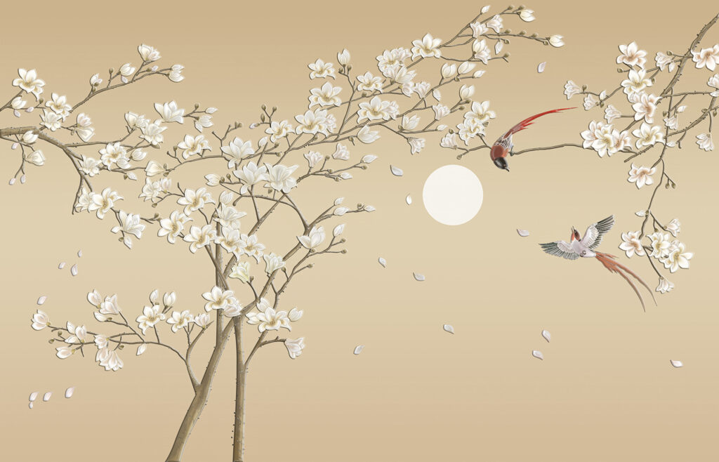 Aves sobre ramos floridos — design completo