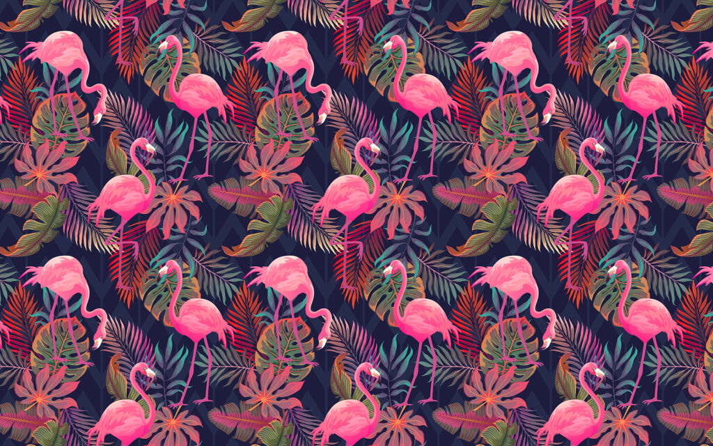 Flamingos rosa sobre azul-escuro — design completo