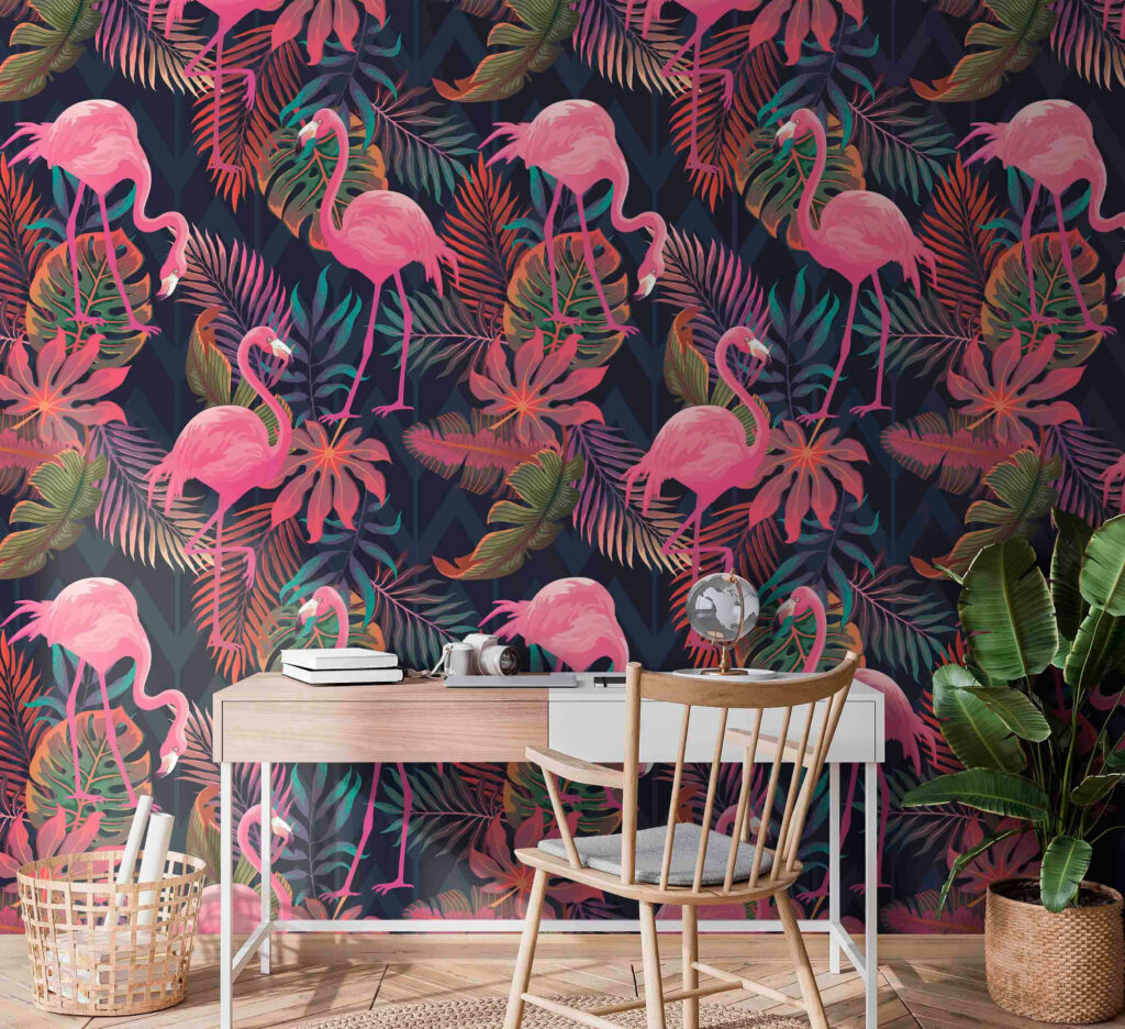 Flamingos rosa sobre azul-escuro num interior