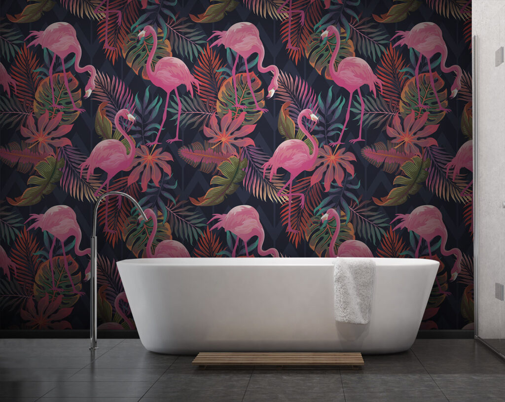 Flamingos rosa sobre azul-escuro num interior