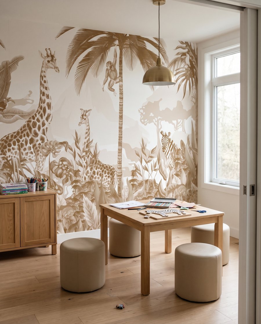 Girafas em verde dourado num interior
