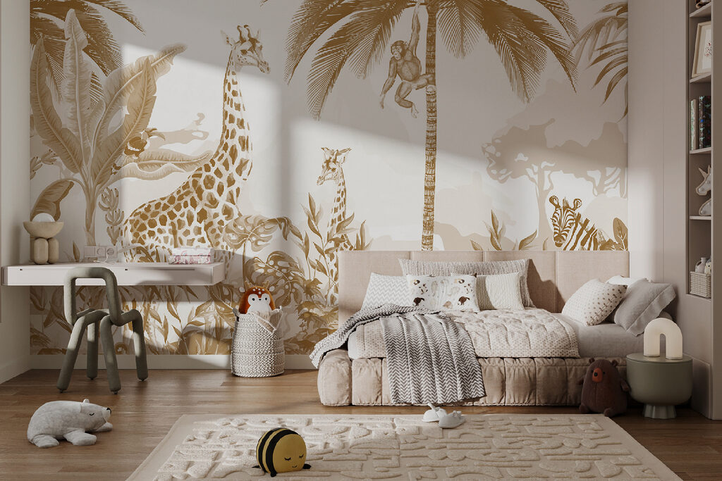 Girafas em verde dourado num interior