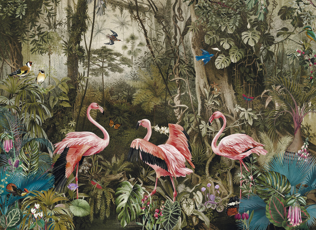 Flamingos entre troncos antigos — design completo