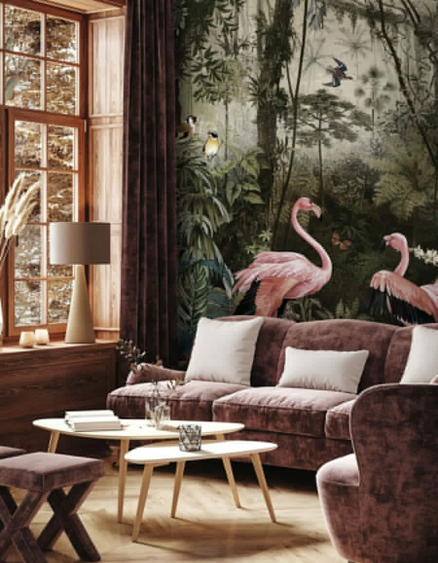 Flamingos entre troncos antigos — interior 3