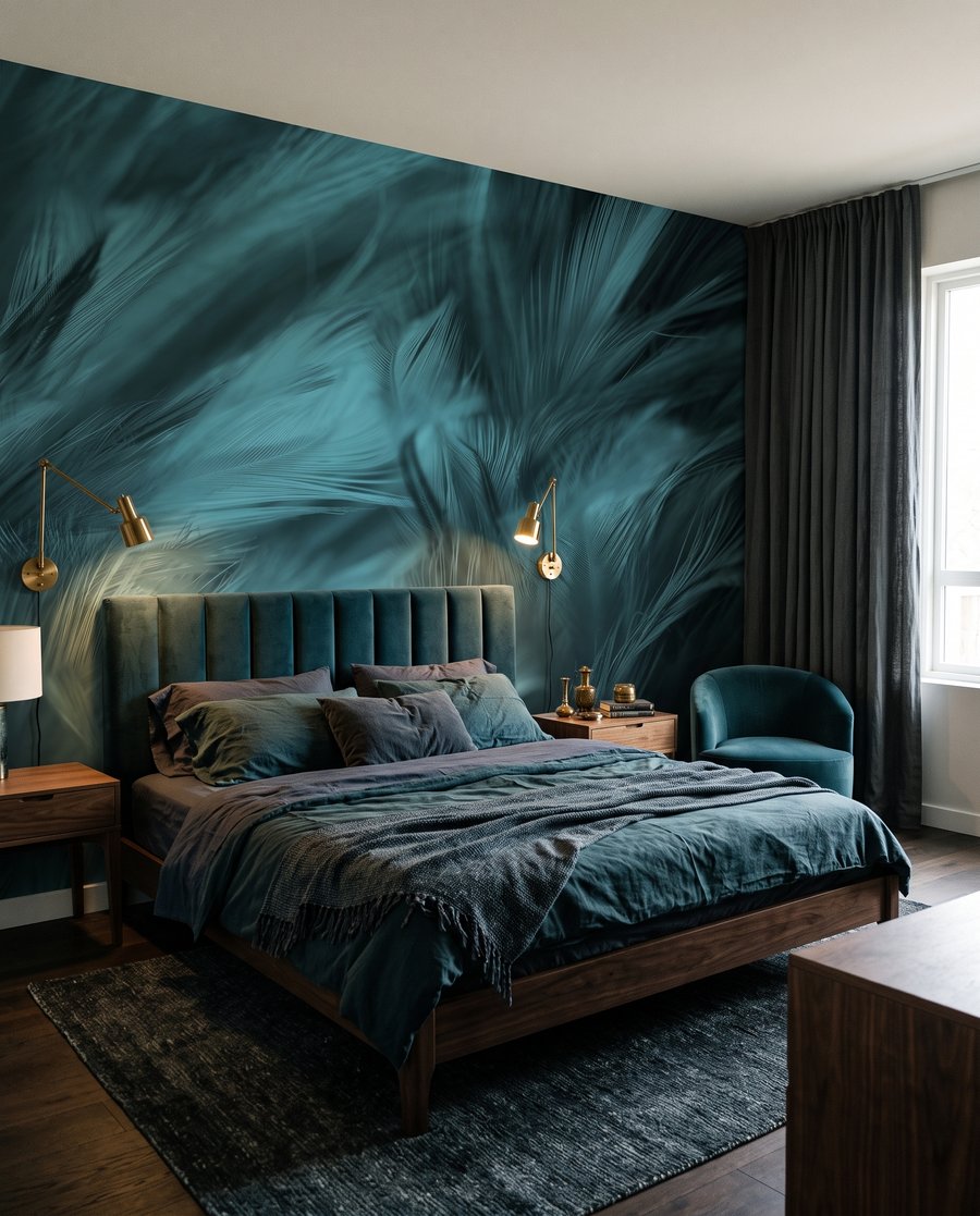 Penas turquesa em movimento — interior 1