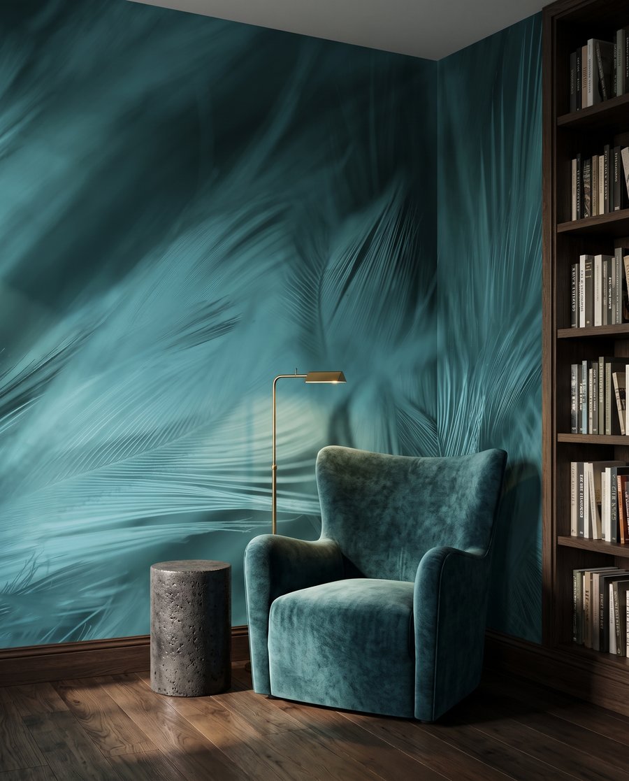 Penas turquesa em movimento — interior 3