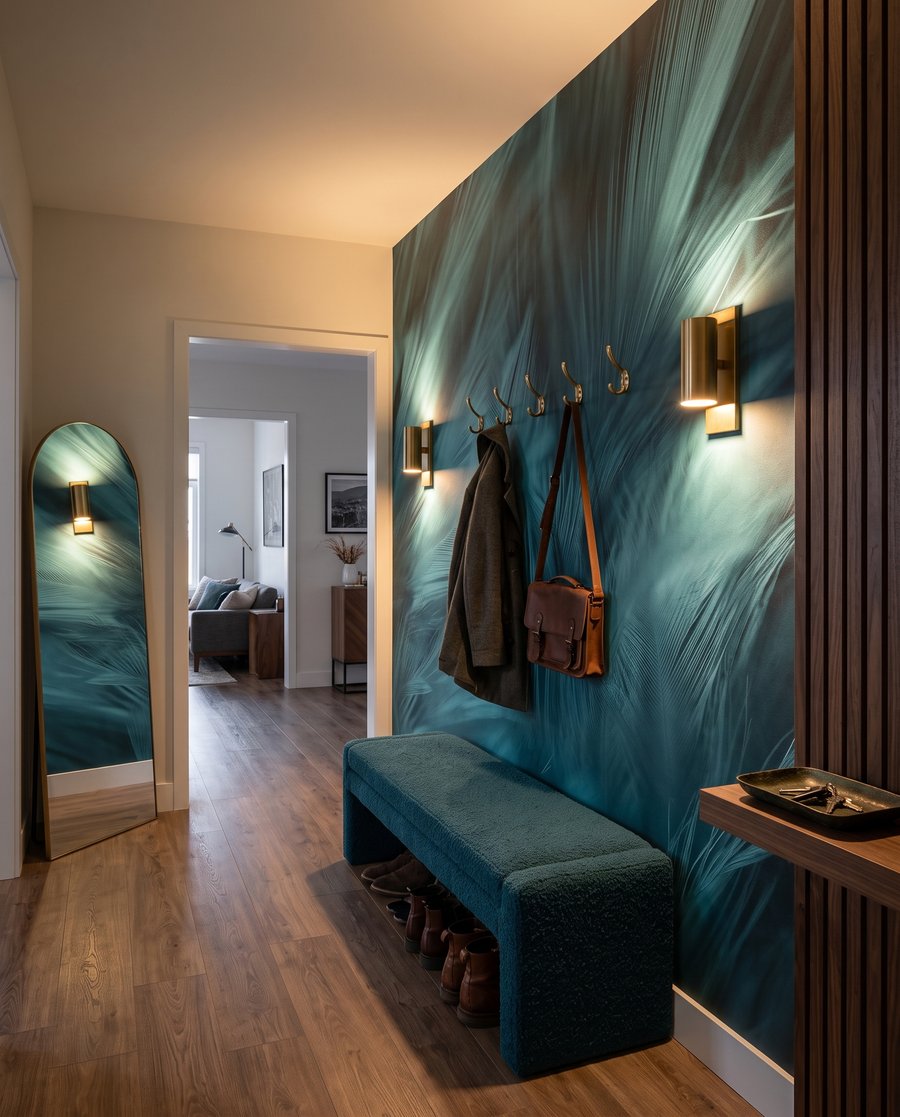 Penas turquesa em movimento — interior 5