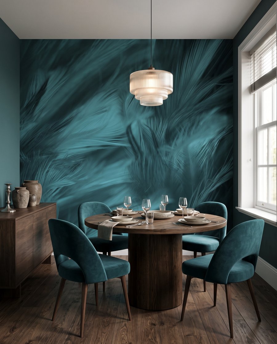 Penas turquesa em movimento — interior 6