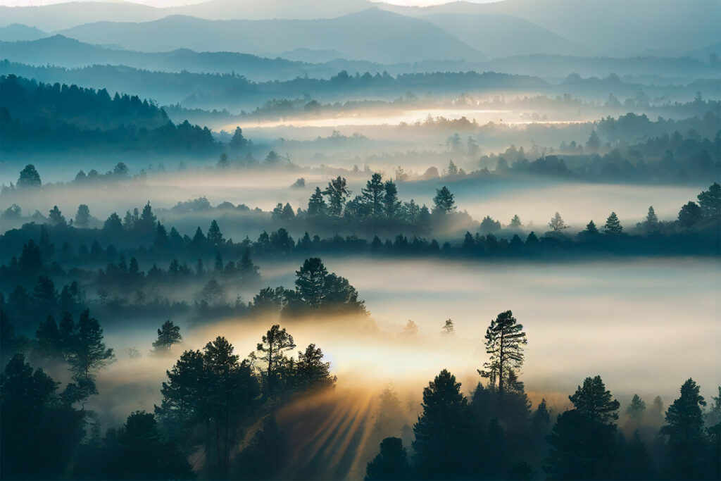 Neblina entre colinas azuis — design completo