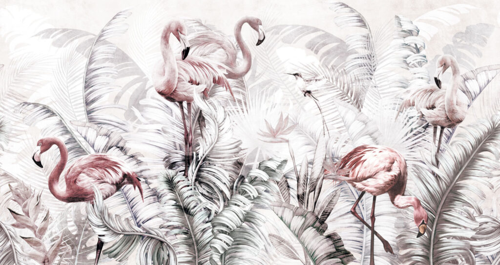 Flamingos entre ramos cinzentos — design completo