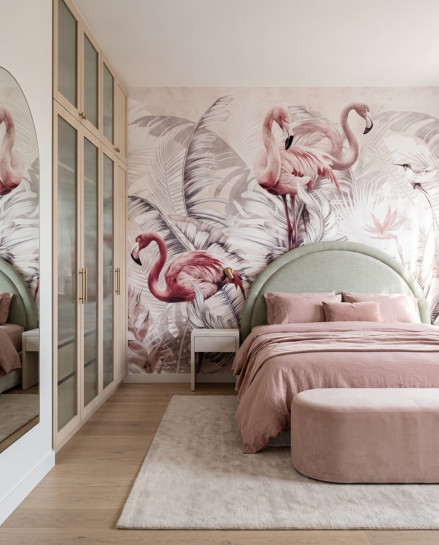 Flamingos entre ramos cinzentos num interior