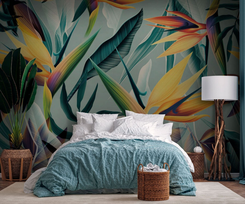 Flores laranja sobre turquesa — interior 2