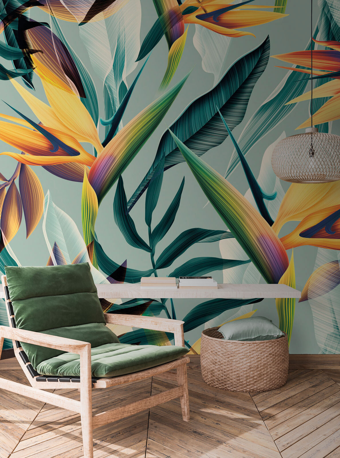 Flores laranja sobre turquesa — interior 4
