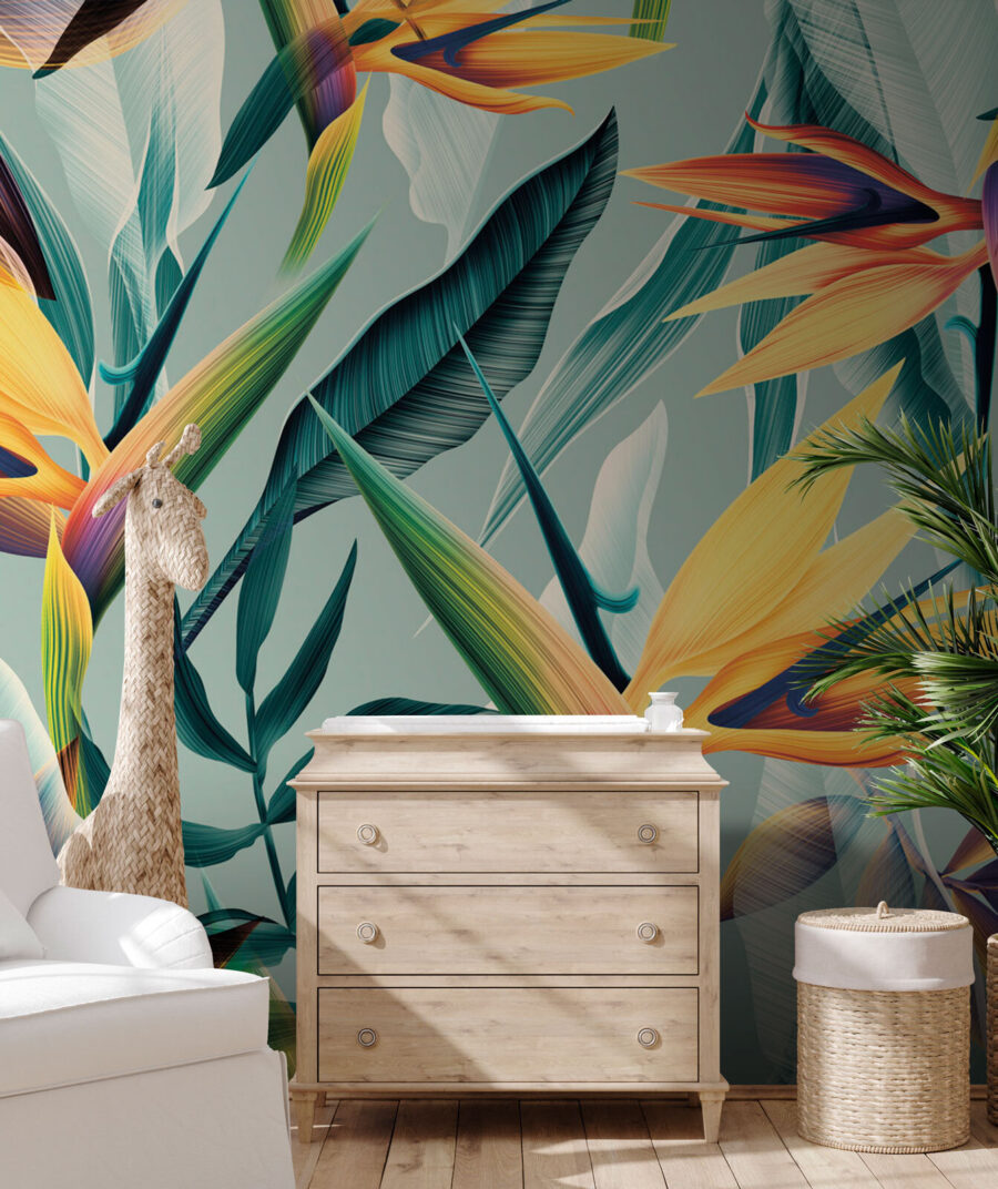 Flores laranja sobre turquesa — interior 5