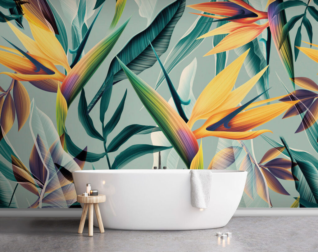 Flores laranja sobre turquesa — interior 1