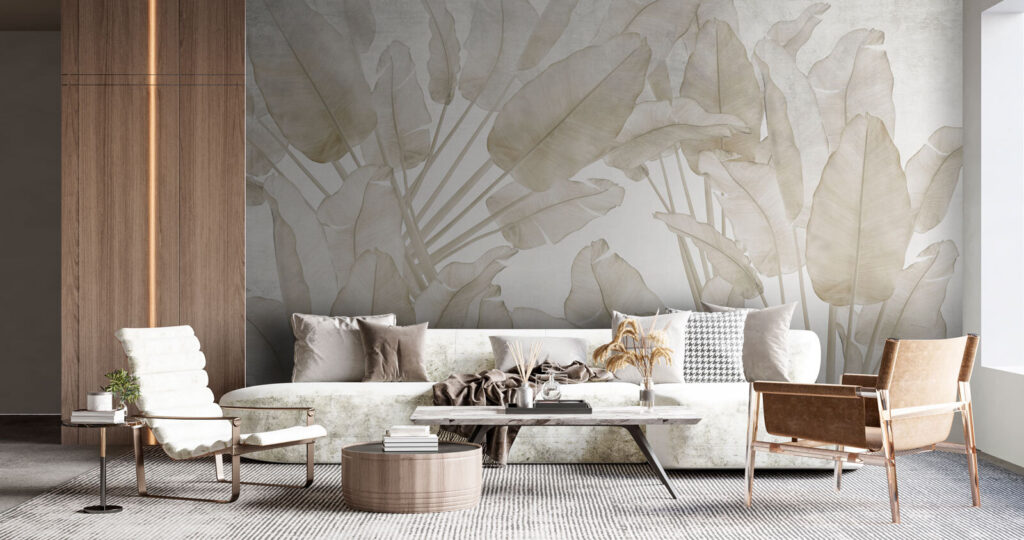 Folhagem tropical bege num interior