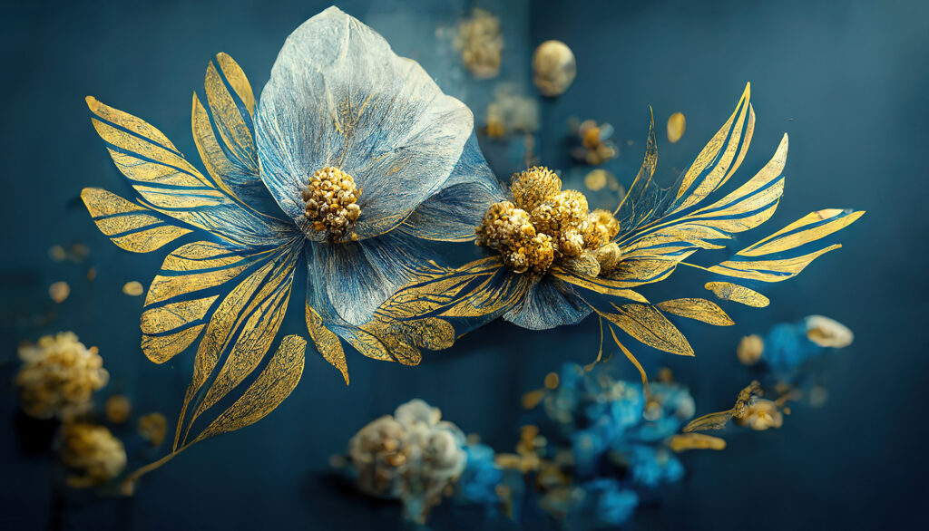 Flor azul-clara, ramos dourados — design completo