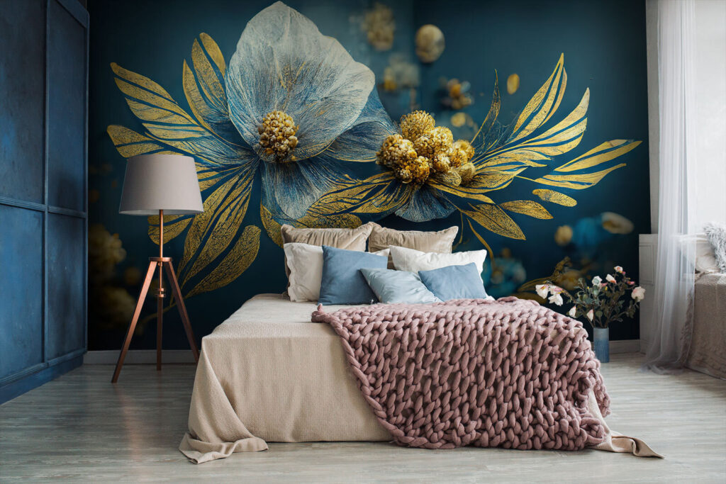 Flor azul-clara, ramos dourados — interior 1