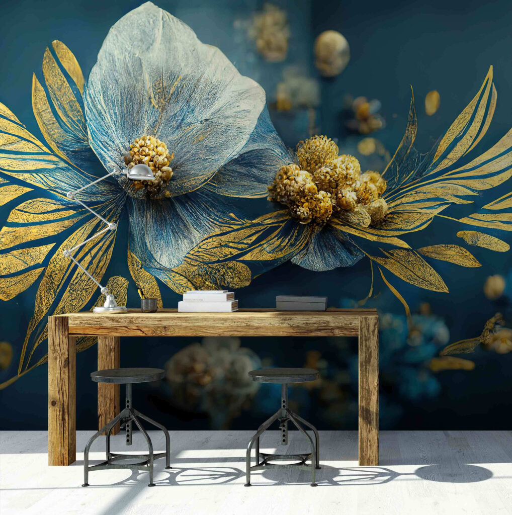 Flor azul-clara, ramos dourados — interior 3