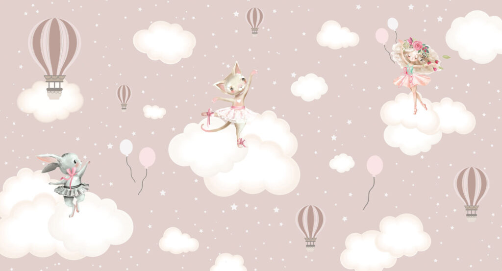 Animais em nuvens rosa — design completo
