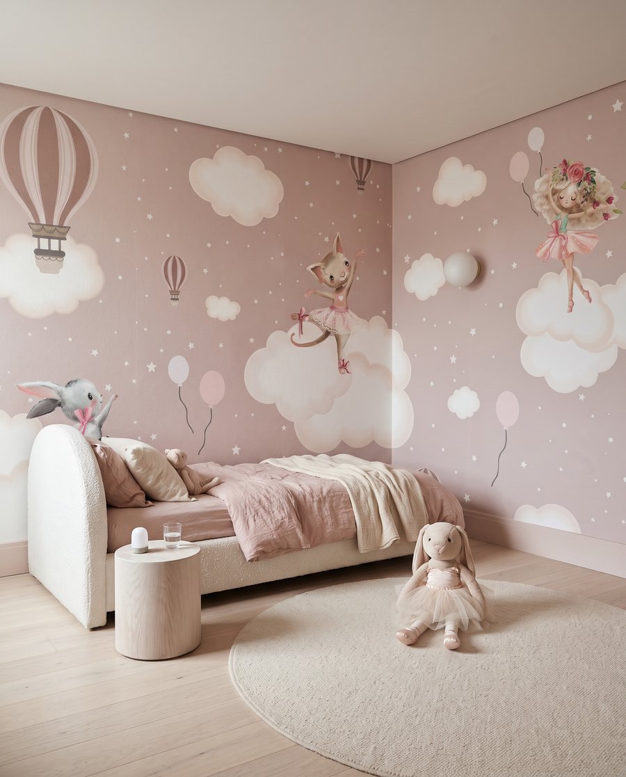 Animais em nuvens rosa num interior