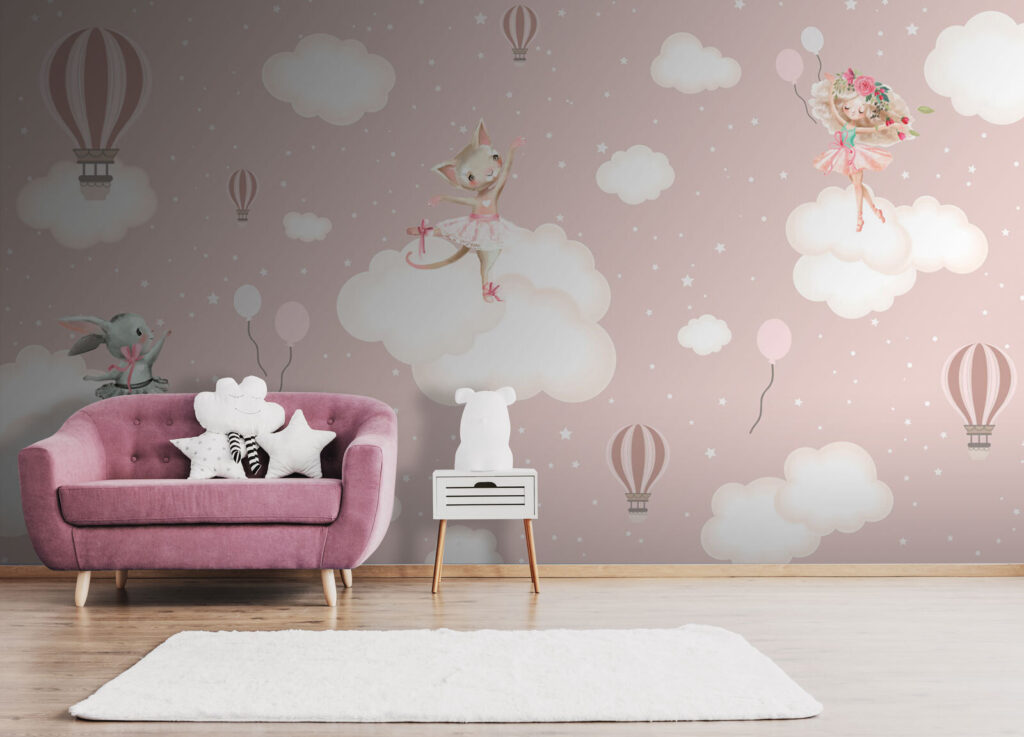 Animais em nuvens rosa num interior