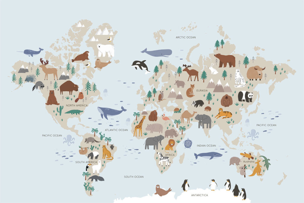 Mapa-múndi azul com animais — design completo
