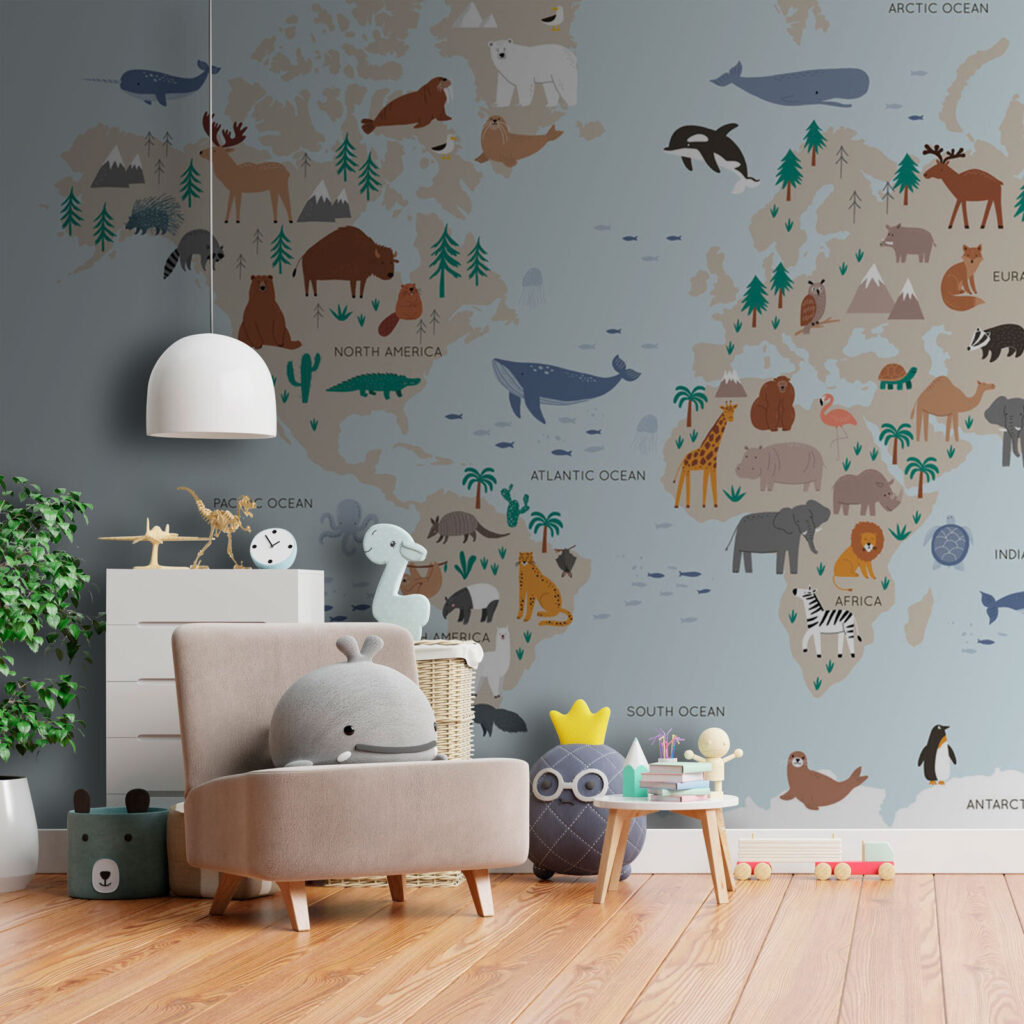 Mapa-múndi azul com animais — interior 1