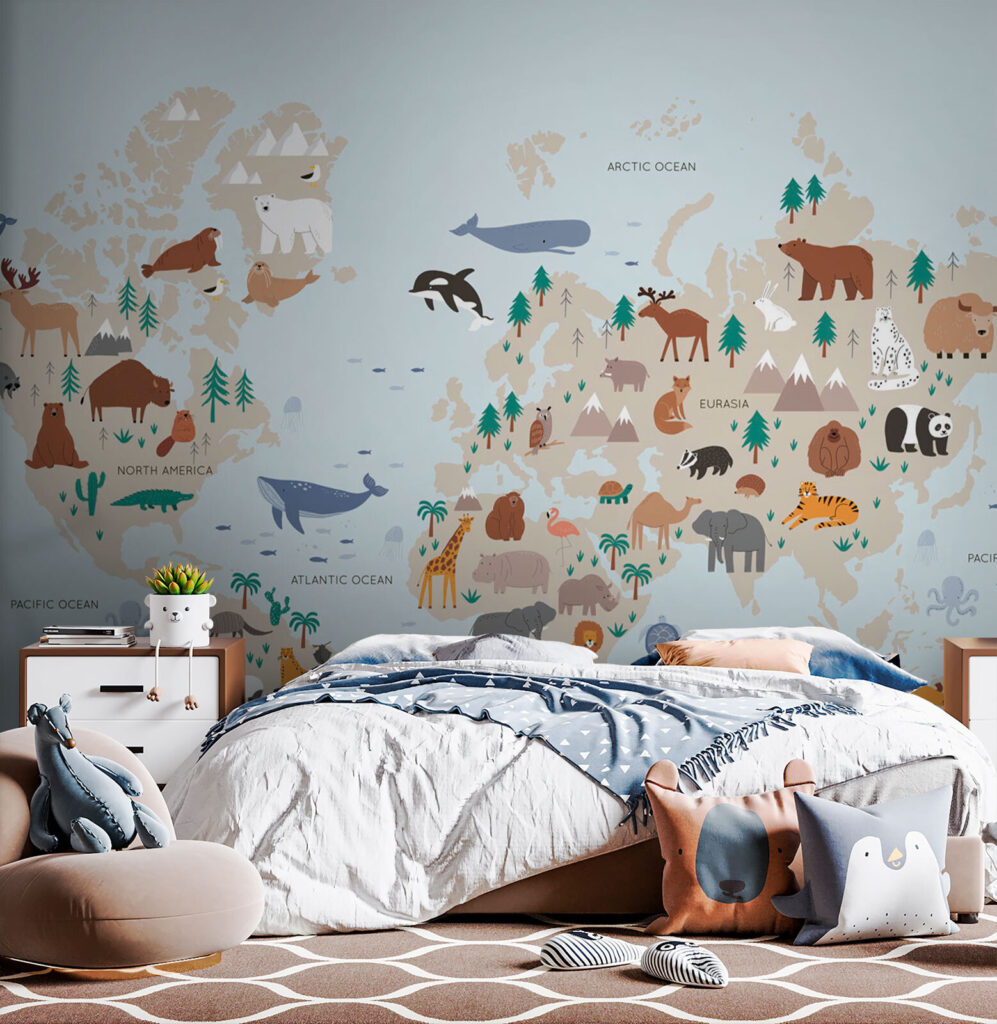 Mapa-múndi azul com animais — interior 2
