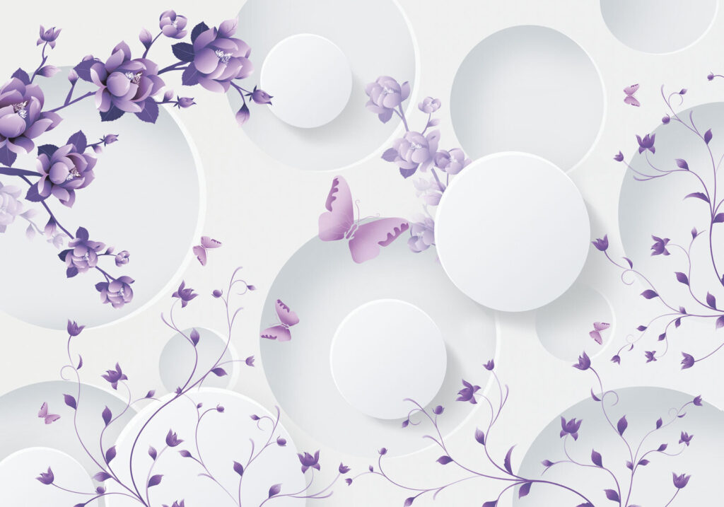 Flores lilás entre círculos — design completo