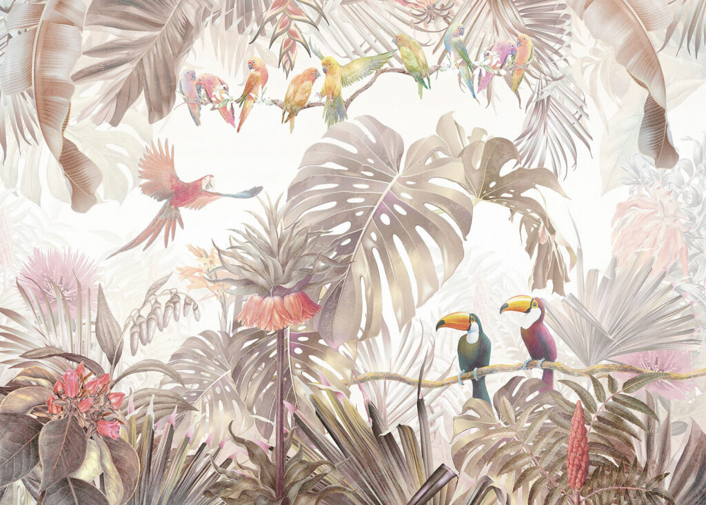 Tucanos entre folhas tropicais — design completo