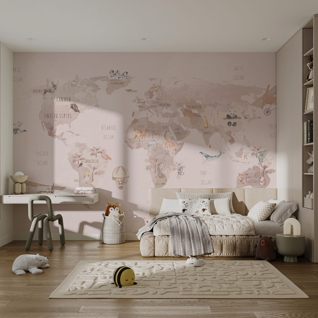 Rotas cor-de-rosa no mapa-múndi num interior