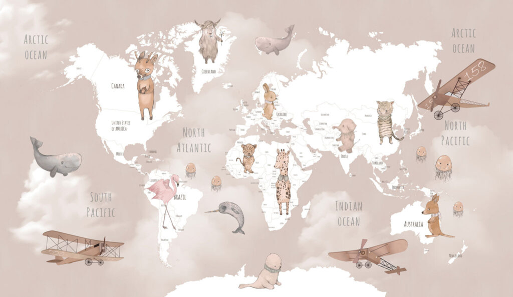 Mapa-múndi branco com animais — design completo