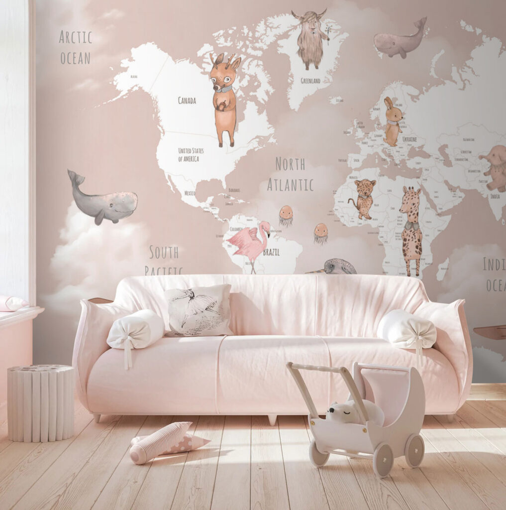 Mapa-múndi branco com animais — interior 1