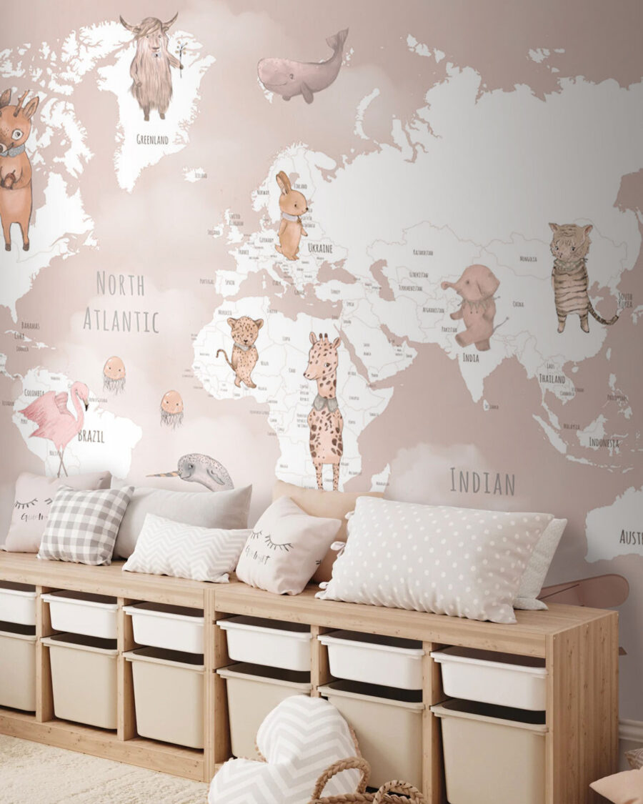 Mapa-múndi branco com animais — interior 2