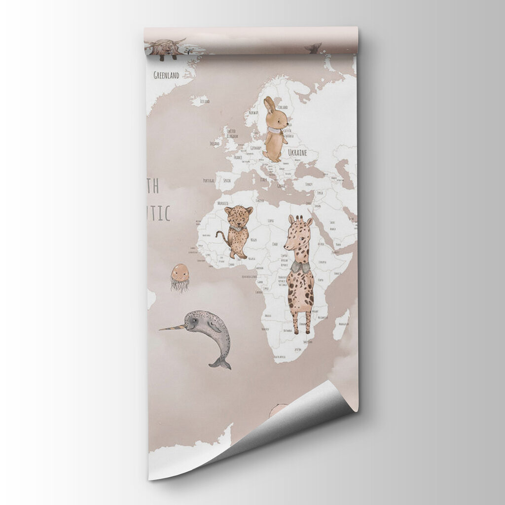 Mapa-múndi branco com animais — vista do produto