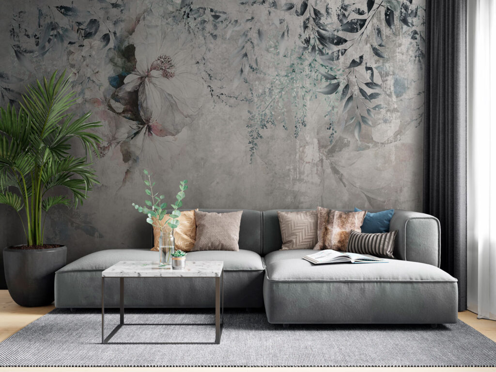 Flores pendentes sobre cinzento — interior 1