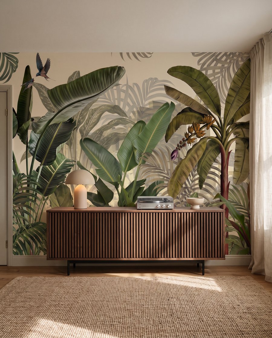 Folhas sobre verde profundo num interior