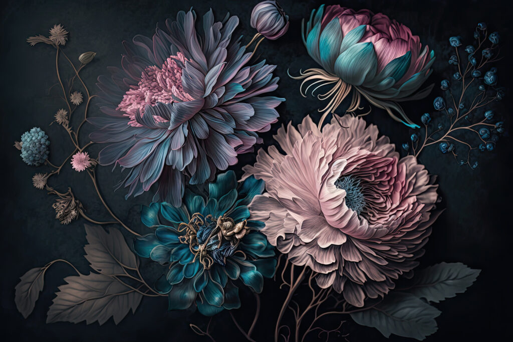 Flores cor-de-rosa em azul-escuro — design completo