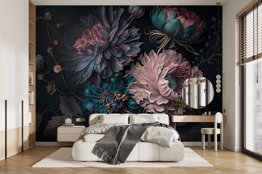 Flores cor-de-rosa em azul-escuro — interior 5