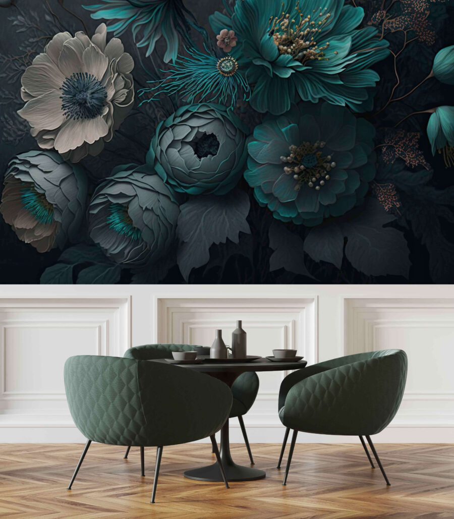 Flores verde-azuladas em verde-escuro — interior 2